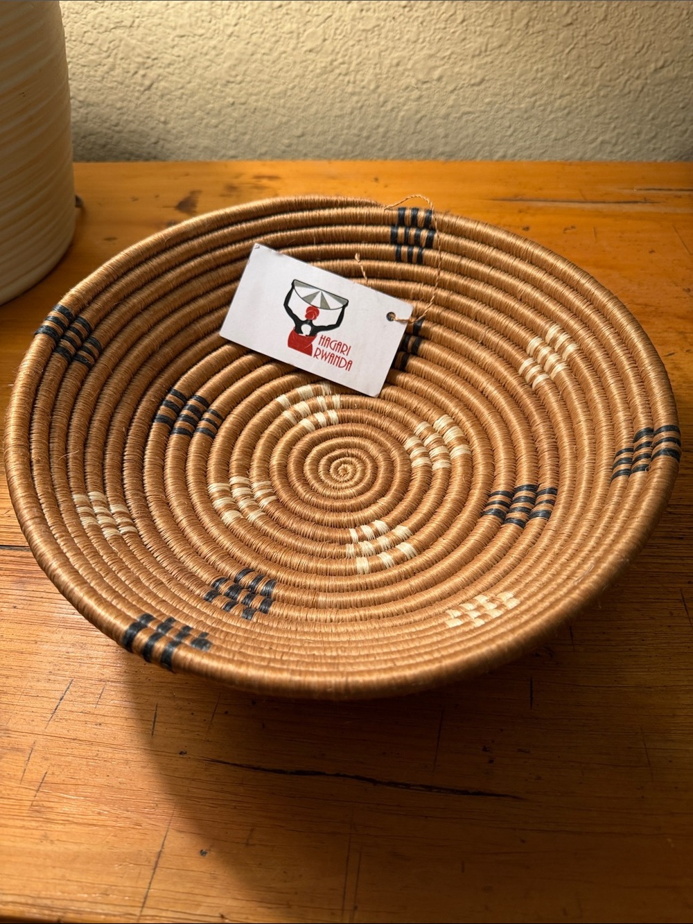 Handwoven Tan Coil Basket with Black and Cream Accents